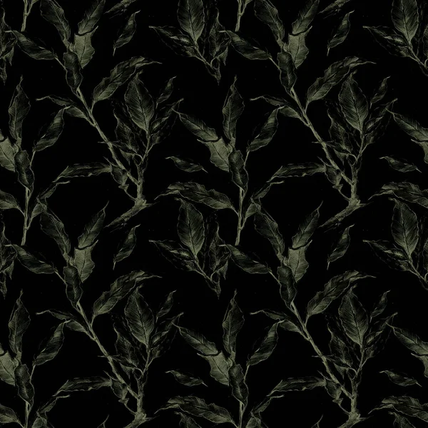 Seamless pattern with a pencil pattern of a laurel branch on a black background.