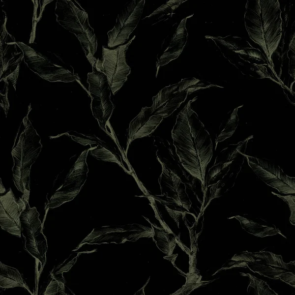 Seamless pattern with a pencil pattern of a laurel branch on a black background.