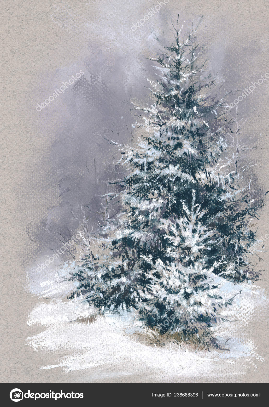 Pastel Sketch Winter Forest Christmas Trees Snow Stock