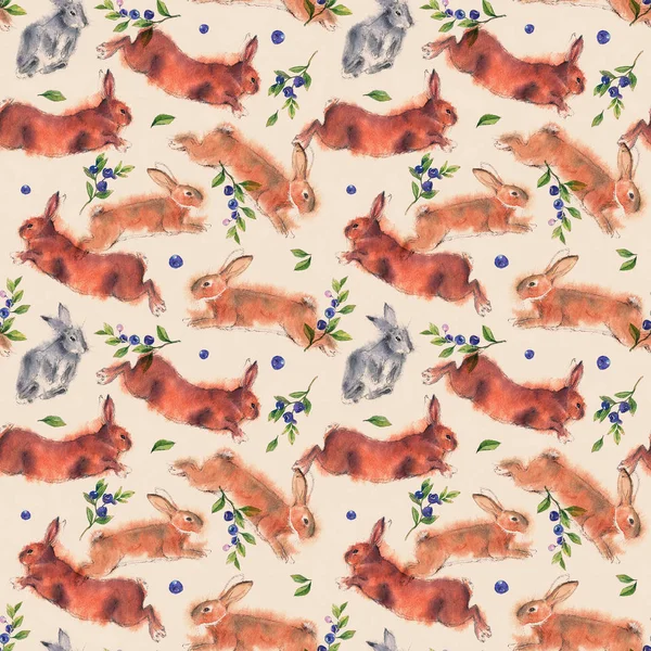 Seamless pattern with watercolor playing bunnies, branches and blueberries