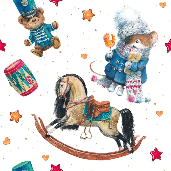 Seamless pattern with a Christmas watercolor mouse with gifts, rocking horse and vintage bear teddy in military uniform. New Year, postman, symbol of the year, 2020.