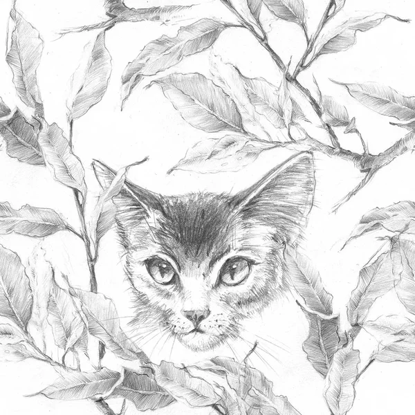 Seamless pattern with a pencil pattern of a cat in the thickets of plants