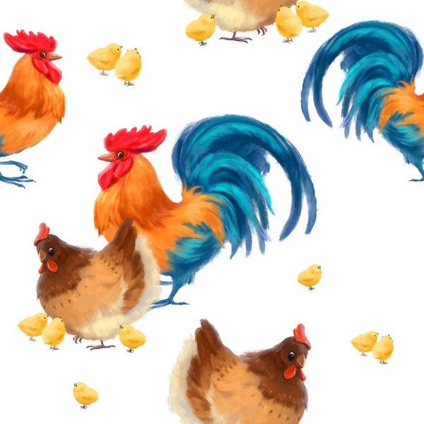 Seamless pattern with funny painted rooster, hen and chickens on a white background