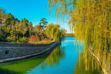 Beihai Gölü 'nün muhteşem manzarası. Beihai Park 'ta çarpıcı sonbahar manzarası. Asya, Çin, Pekin. Güneşli bir gün, açık mavi gökyüzü, bir sürü yeşillik. Doğayla uyum ve birlik kavramı. Sessizlik havası.