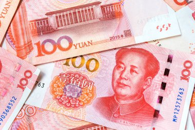 Renminbi Çin 'in resmi para birimi. Kısaltma RMB. Renminbi 'nin Yuan temel birimi. 100 yuan yakın çekim. Çin parası.