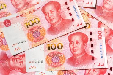 Renminbi Çin 'in resmi para birimi. Kısaltma RMB. Renminbi 'nin Yuan temel birimi. 100 yuan yakın çekim. Çin parası.