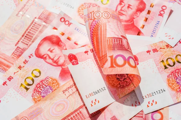 Çin 'in resmi para birimi. Renminbi, kısaltma RMB. Renminbi 'nin Yuan temel birimi. 100 yuan yakın çekim. Çin parası.