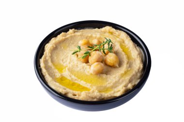 Geleneksel bir yemek veya aperatif humus veya beyaz arka planda baba ghanoush.