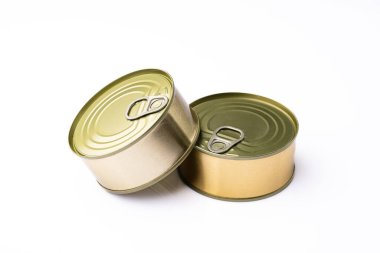 Canned tuna in brine isolated on white background