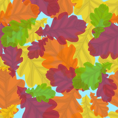 Sonbahar meşe yaprakları ile Seamless modeli. Çok renkli vektör süs Mavi Tekstil, kağıt, plastik ve web sayfaları için