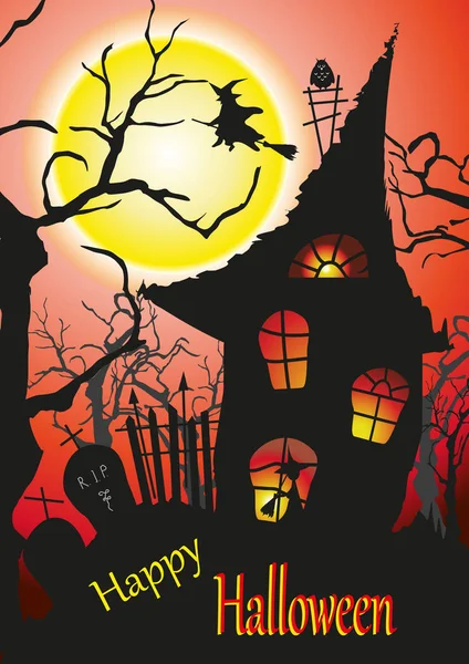 Cartaz Com Desenhos Animados Casa Assustadora Sepulturas Vector Halloween Cartão —  Vetores de Stock