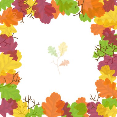 Renkli meşe vektör çerçeve beyaz zemin üzerine bırakır. Sonbahar olayların kayıt için şablon şükran günü