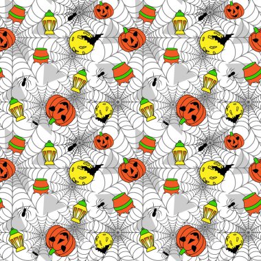 Vektör pumpkins, fenerler, yarasalar ve iksir ile seamless modeli. Şirin, parlak süsleme için Halloween süslemeleri