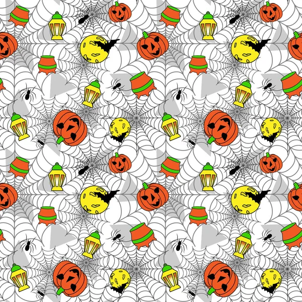 Vektör pumpkins, fenerler, yarasalar ve iksir ile seamless modeli. Şirin, parlak süsleme için Halloween süslemeleri