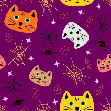 Vektör cats, örümcekler ve yıldız ile seamless modeli. Koyu mor zemin üzerine sonbahar süsleme