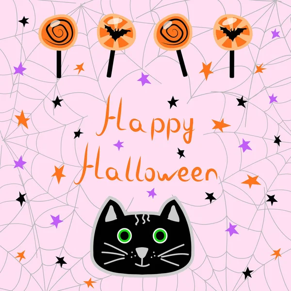 Capa Vetor Para Cartão Saudação Halloween Blank Com Doces Gato — Vetor de Stock