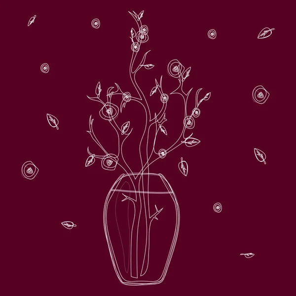 Dessin Contour Isolé Sur Fond Bourgogne Foncé Branches Fleuries Avec — Image vectorielle