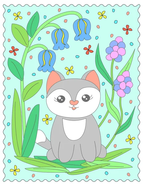 Grey Cat Sits Green Leaves Tall Blue Pink Flowers Children — Stock Vector