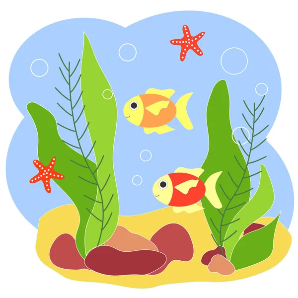 Kırmızı balık ve denizyıldızı deniz tabanında yüzer. Yosun, su ve taşlarla karikatür illüstrasyon