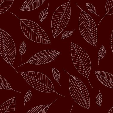 Botanik dikişsiz desen: bir bordo arka plan üzerinde izole kiraz yapraklarının basit beyaz anahatlar