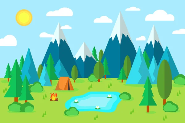 Cartoon Flat Illustration Summer Camping Camp Forest Tents Green Trees — Stock Vector