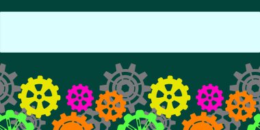 Web sayfaları, kartlar, kağıt ve kumaş için kopya alanı ile yatay, teknolojik arka plan. Koyu arka planda renkli dişliler