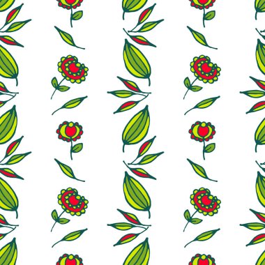 Doodle çiçek ve beyaz bir arka plan üzerinde izole yaprakları Yatay süs. Dikişsiz vektör deseni