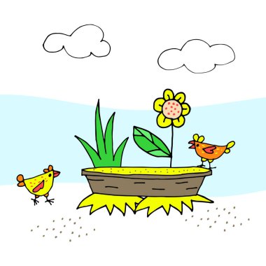 Besleyiciden beslenen küçük sarı tavuklar, çiftlik renginde saman, saf, basit, vektör çizimi