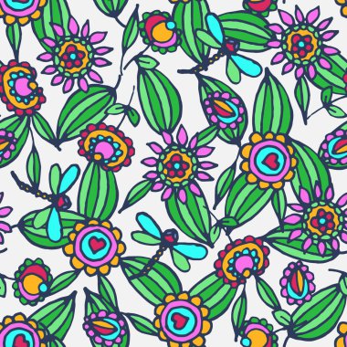 Elle çizilmiş, Doodle nilüferler, yapraklar, çiçekler, yusufçuklar gri ışık arka plan üzerindebulunmaktadır. Dikişsiz vektör deseni