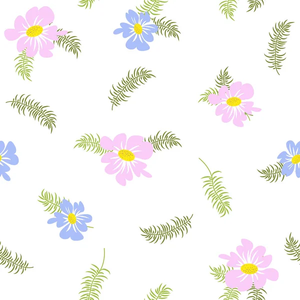 白い孤立した背景に小さな ピンクの花と葉 プラスチック セラミックス用シームレスベクトルパターン — ストックベクタ