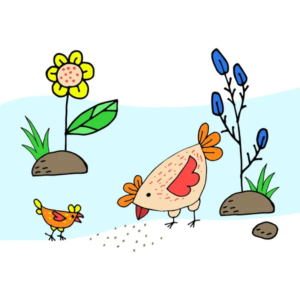 Basit bir tavuk ve çiftliğin bahçesinde küçük bir tavuk peck tahıl. Komik çocuk illüstrasyon
