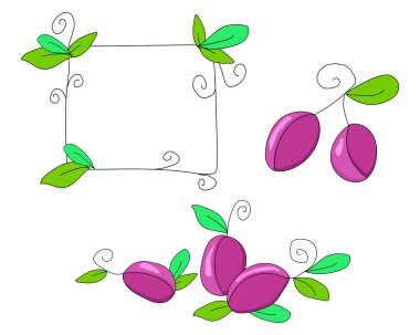 Olgun sulu mavi erik, Doodle tarzında erik-illüstrasyon. Beyaz arka plan üzerinde izole yeşil yaprakları ile basit düz meyveler ve çerçeve