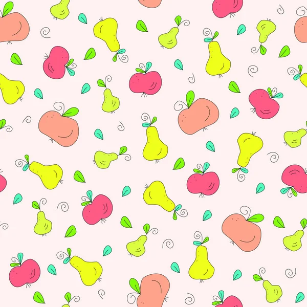 Lindo Dibujos Animados Colorido Fruta Madura Manzanas Peras Hojas Aisladas — Archivo Imágenes Vectoriales