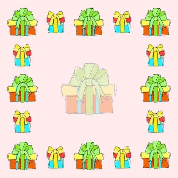 Colored square frame with gift boxes in the style of Doodle. Hand-drawn ribbons, bows, boxes isolated on light background