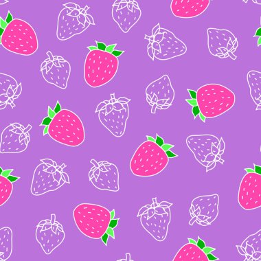 Beyaz bir anahat kroki çilek, elle çizilmiş parlak pembe çilek bir leylak arka plan üzerinde izole tasvir eder. Doodle stilinde dikişsiz vektör deseni