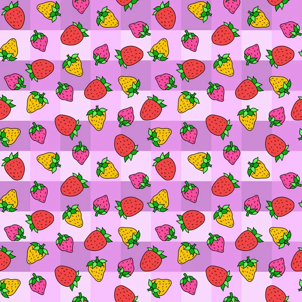 Doodle Fresas Amarillas Rosadas Rojas Aisladas Sobre Fondo Lila Cuadros — Archivo Imágenes Vectoriales