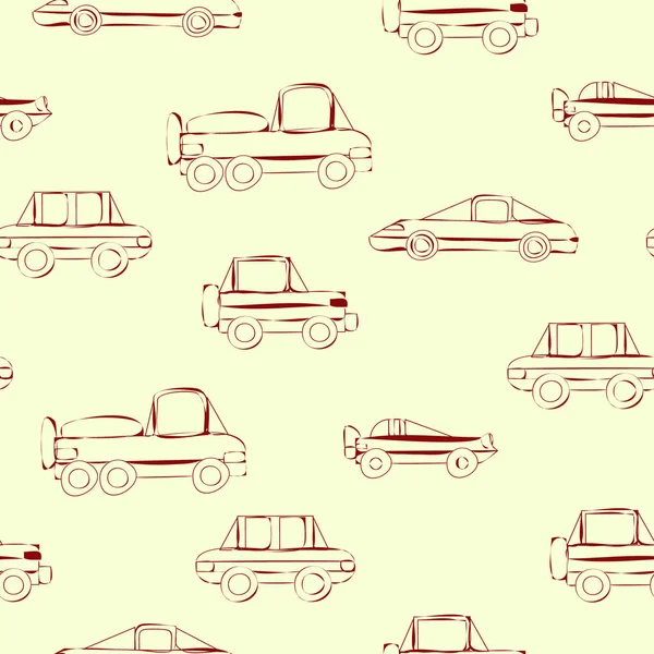 Outline drawing of cars: racing, cars, pick-up the car. Vector seamless pattern with auto on light yellow background