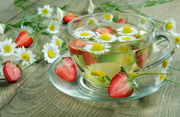 Chamomile Strawberry Tea Wooden Table Vitamins Herbal Tea — Stock Photo, Image