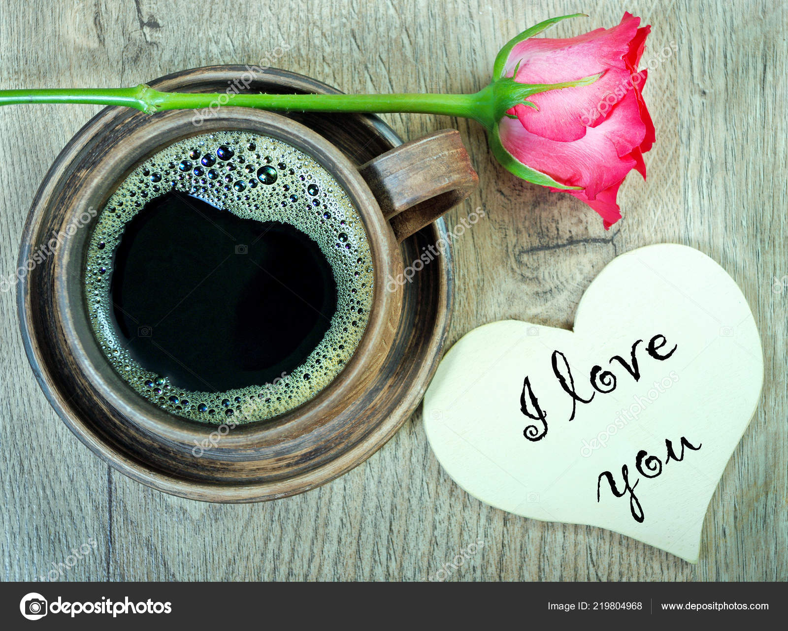 Good Morning Cup Coffee Red Rose Wooden Table Stock Photo