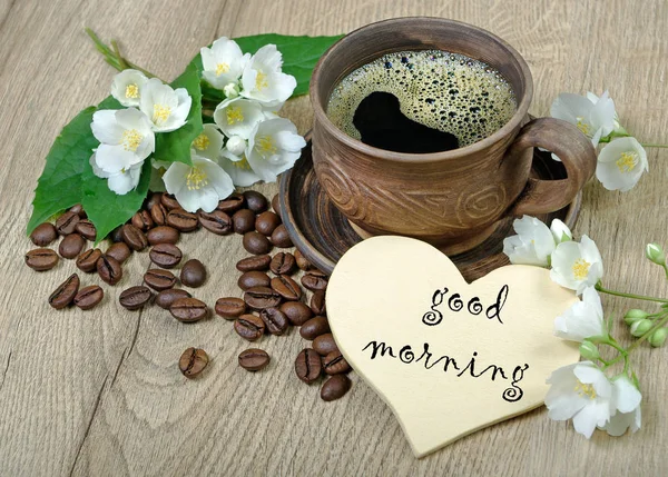 Dobré Ráno Ranní Kávu Jasmín Květy Dřevěný Stůl — Stock fotografie