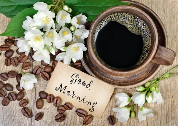Доброе Утро Утренний Кофе Жасминовые Цветы Деревянном Столе — стоковое фото