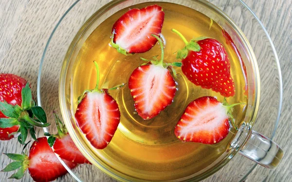 Vitamin Tea Cup Strawberry Tea Wooden Table — Stock Photo, Image
