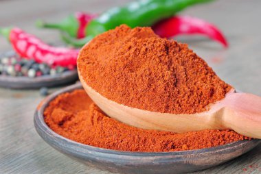 bir tahta kaşık, kırmızı toz biber. yakın çekim.