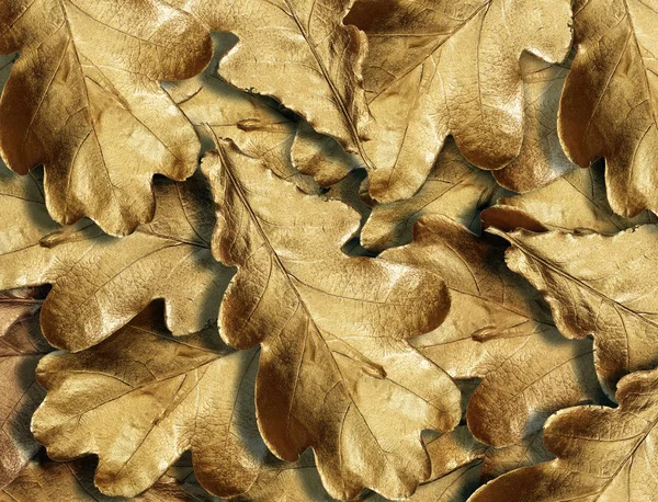 Oro Lucido Lascia Sfondo Texture Vicino Foglie Rovere Oro Vista — Foto Stock