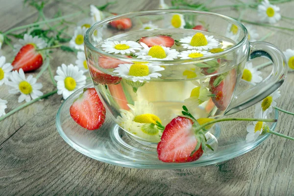 Chamomile Strawberry Tea Wooden Table Vitamins Herbal Tea Top View — Stock Photo, Image