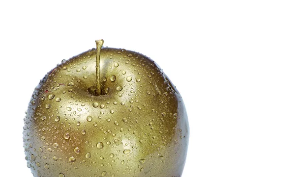 Goldener Apfel Mit Tautropfen Auf Weißem Hintergrund Leerzeichen Kopieren — Stockfoto