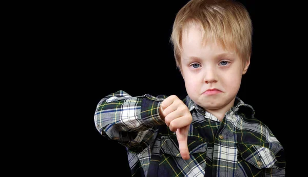 Little Child Angry Face Negative Sign Showing Dislike Thumb Rejection — Stock Photo, Image