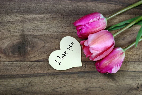 Love You Tulips Wooden Table — Stock Photo, Image