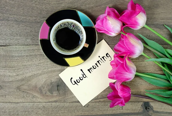 Guten Morgen Morgenkaffee Und Tulpen Auf Einem Holztisch Muttertag Frauentag — Stockfoto