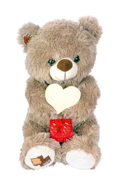 Teddybär Mit Geschenk Und Herz Isoliert Auf Weiß — Stockfoto